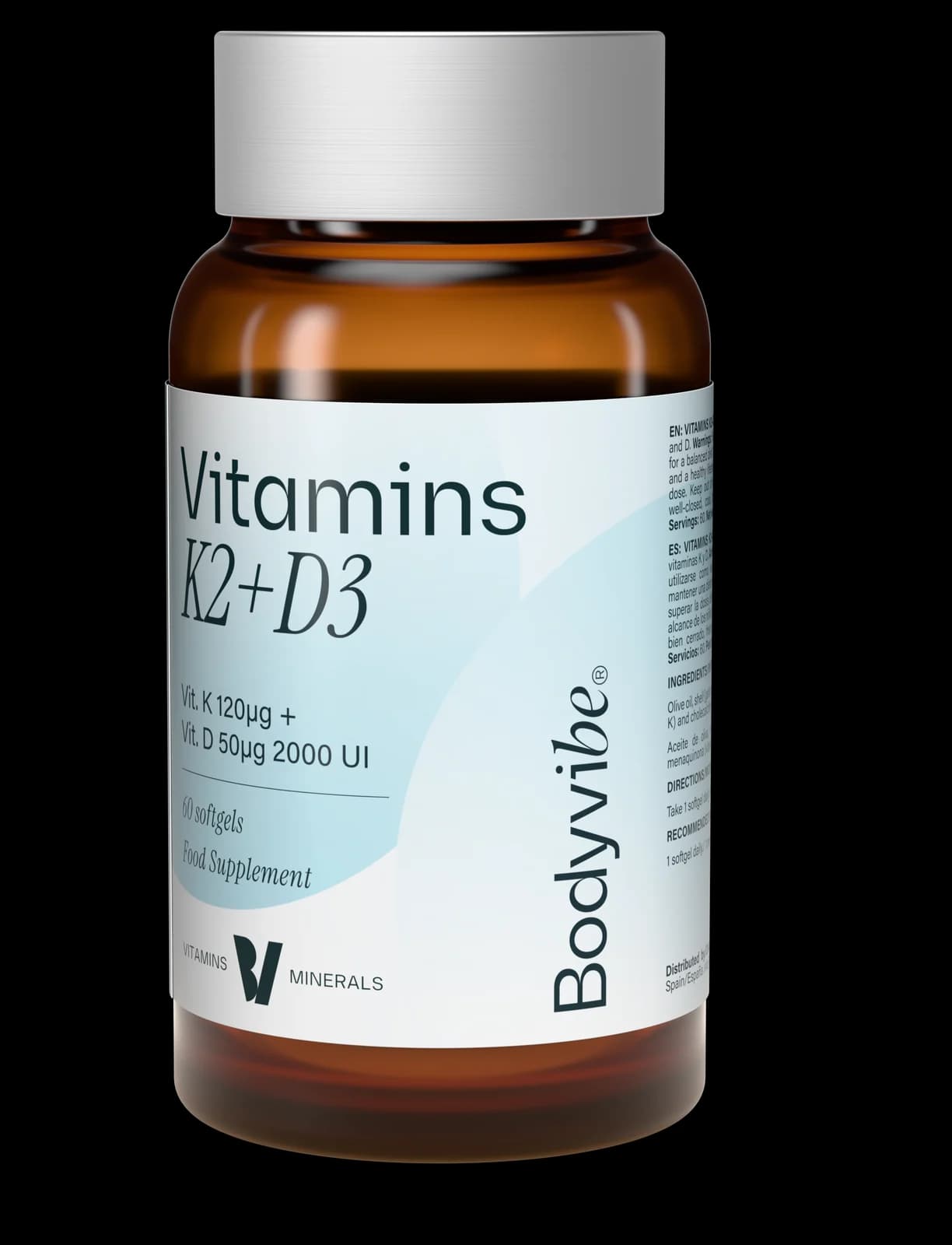 Bote de vidrio ámbar de Vitamins K2+D3 de Bodyvibe